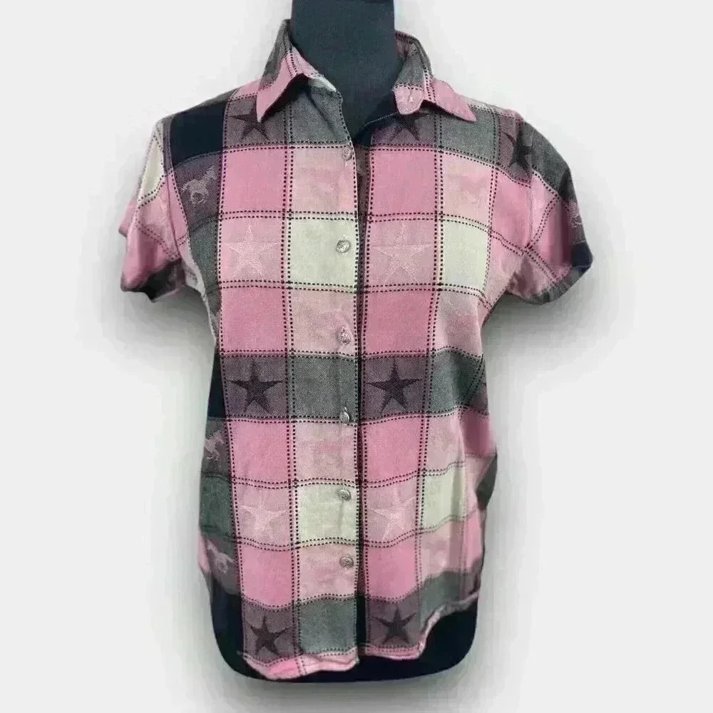 Adore Rose Women's Western Plaid Button Up Shirt M Pink Star Horse
